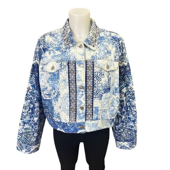Chico’s Mixed Artisan Pattern Beaded Cropped Jean Jacket in Mysterious Blue XL - Picture 1 of 12